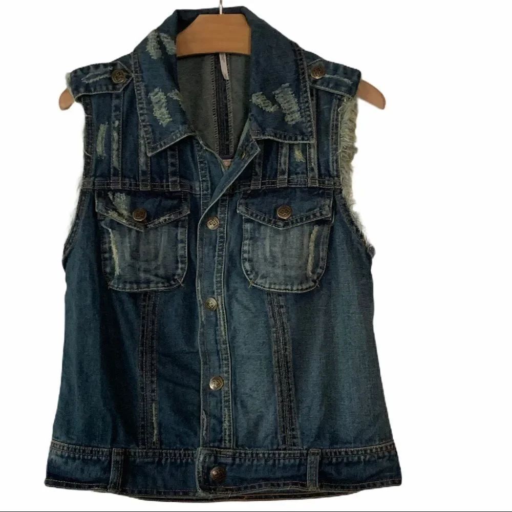 Free People Macrame Back Distressed Denim Vest